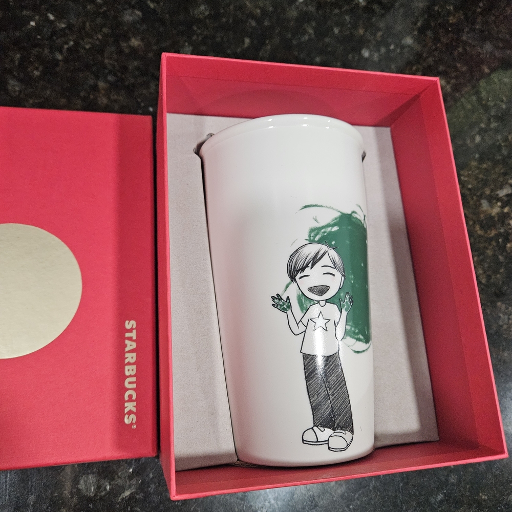 Starbucks White Ceramic Tumbler with Green Design